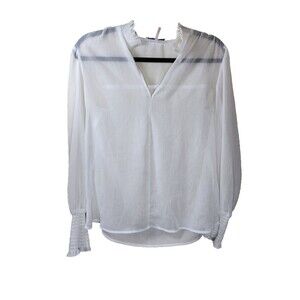 ​BCBGeneration Womens M White Sheer Blouse Smocked Mock Neck V-Neck Long Sleeve
